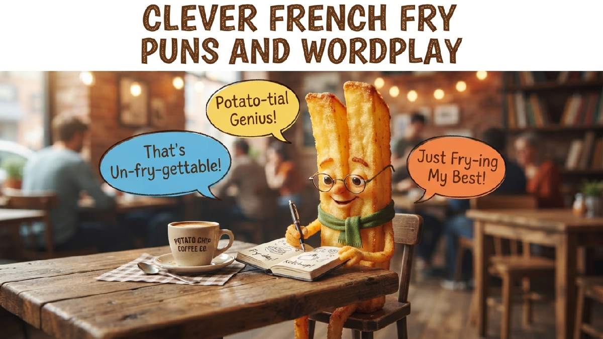 Cartoon french fry wearing glasses with notebook surrounded by speech bubbles showing clever french fry puns and playful wordplay.