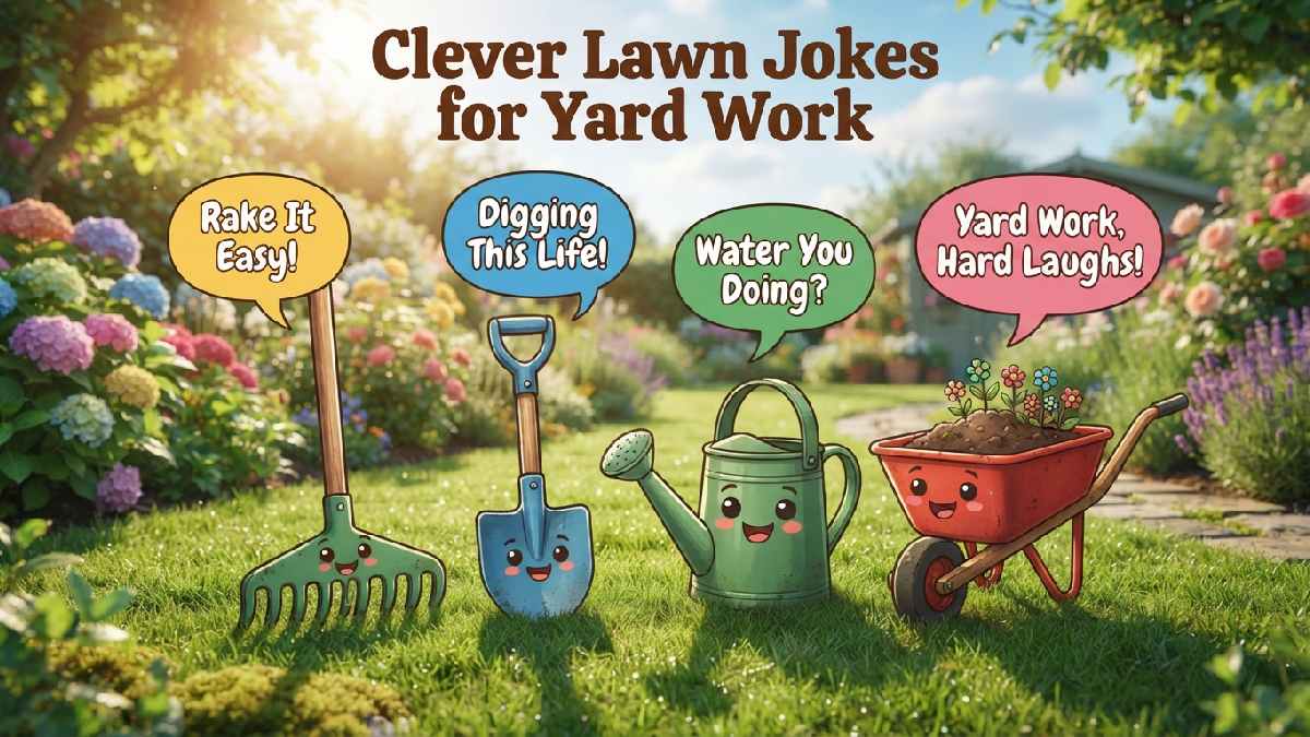 Smiling cartoon gardening tools on trimmed lawn with speech bubbles showing clever lawn jokes perfect for yard work fun.