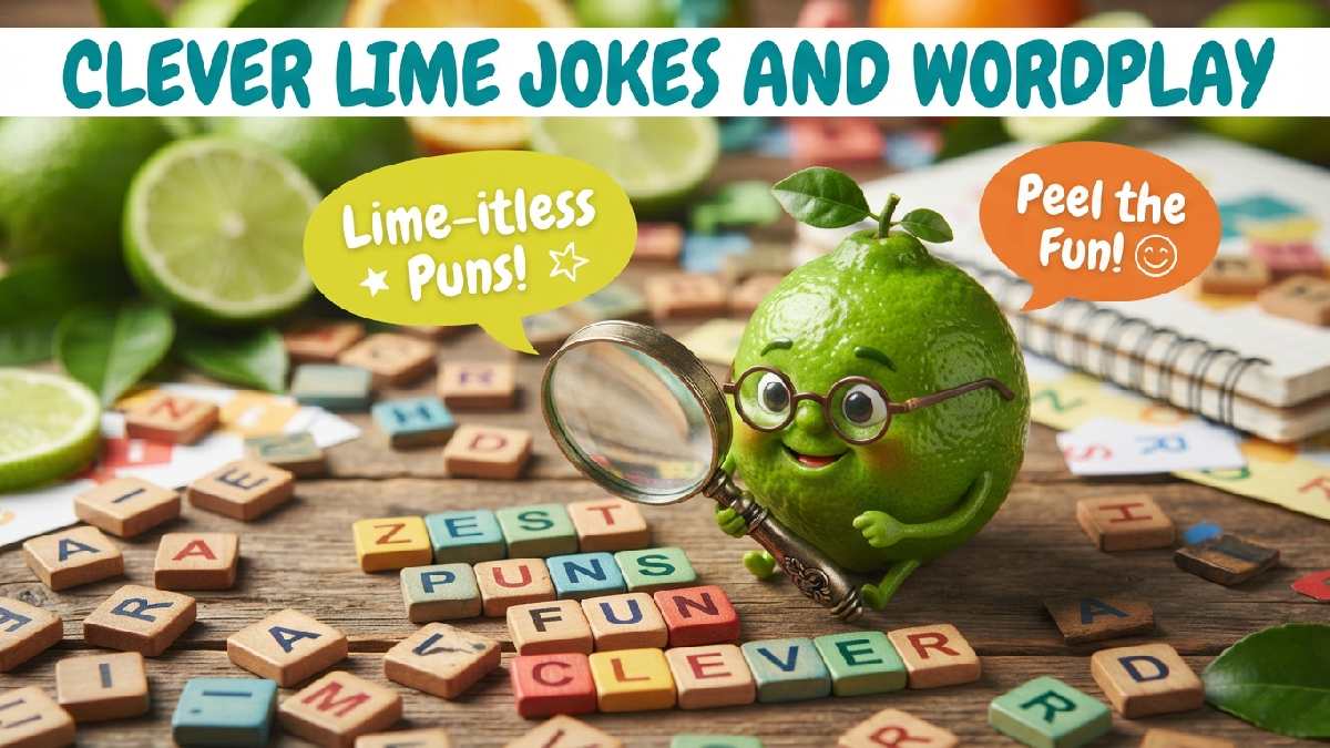 Cartoon lime wearing glasses with magnifying glass over letters and speech bubbles showing clever lime jokes and playful wordplay.