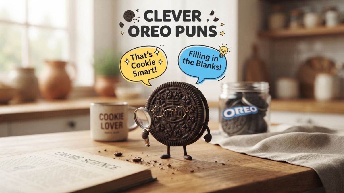 Cartoon chocolate sandwich cookie with glasses and magnifying glass showing speech bubbles with clever cookie puns and wordplay jokes.