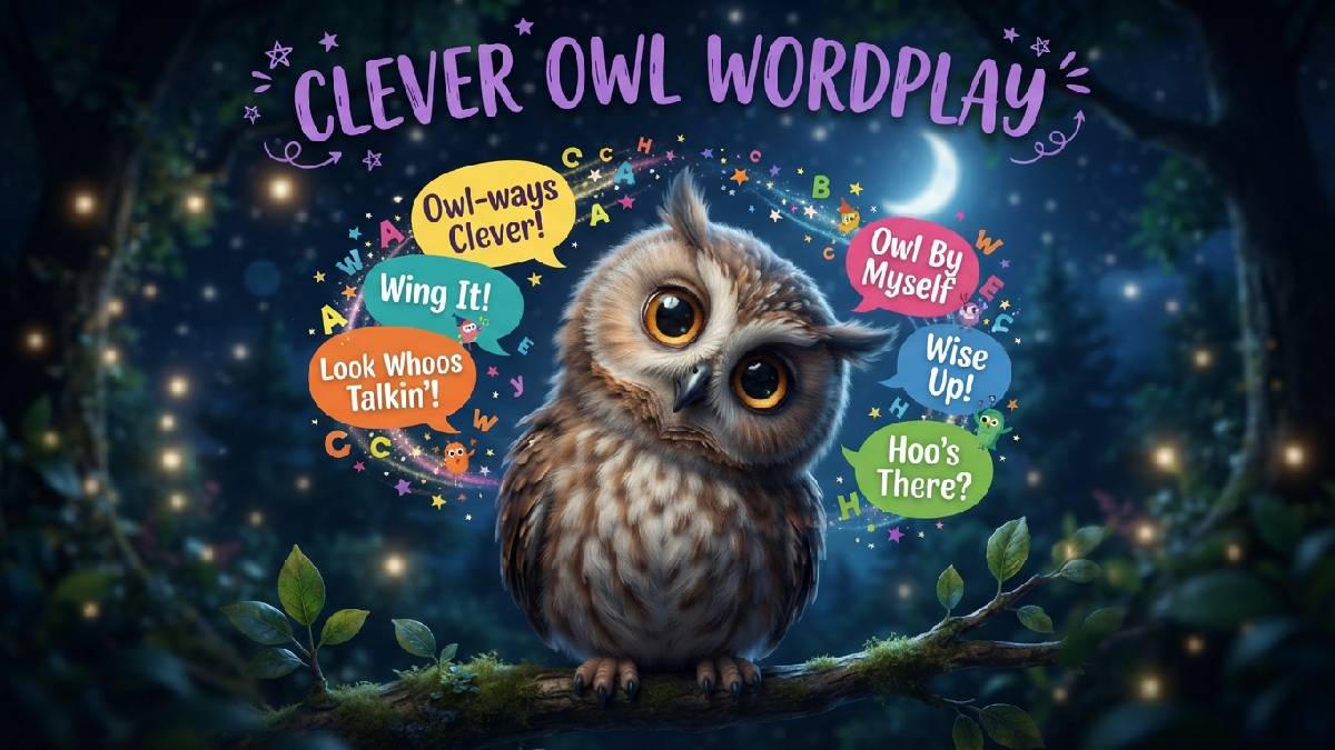 Curious cartoon owl surrounded by swirling letters and speech bubbles showing clever and playful owl wordplay style puns.