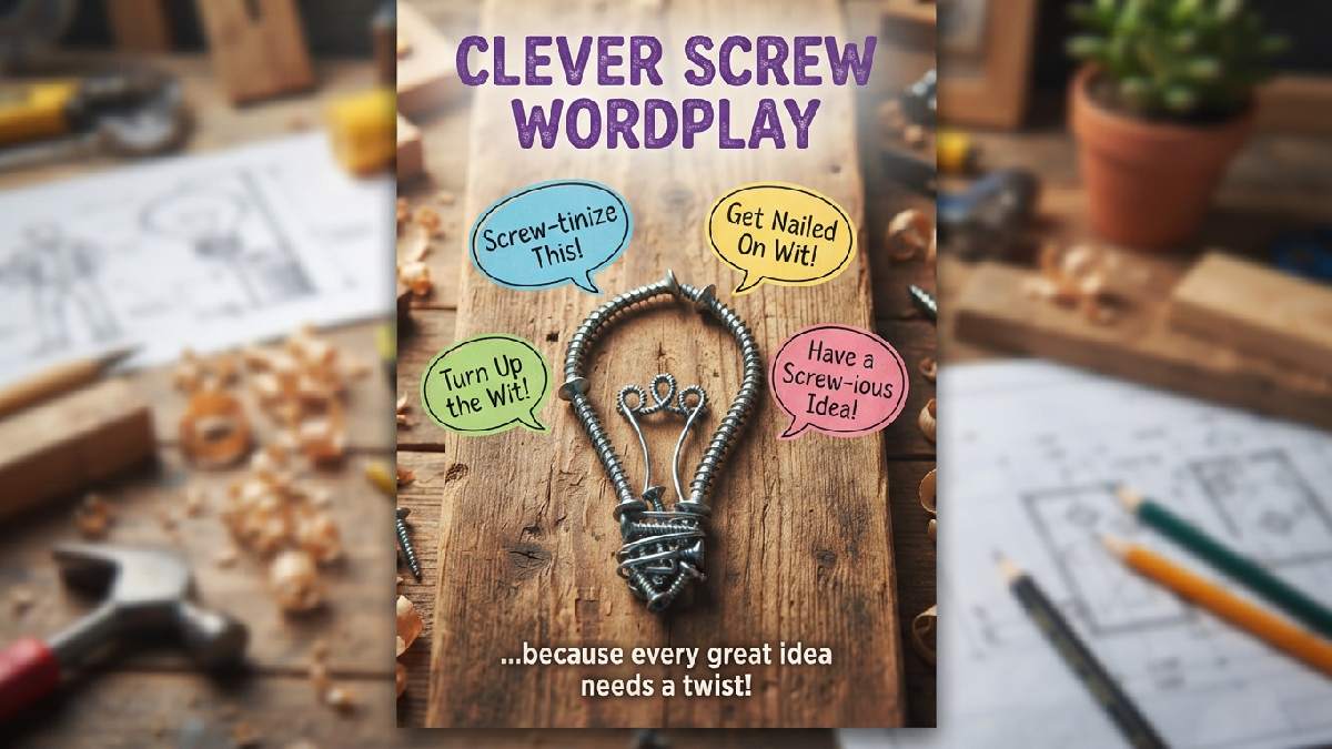 Screw shaped like a light bulb idea on wood board showing clever and witty screw wordplay puns and jokes.