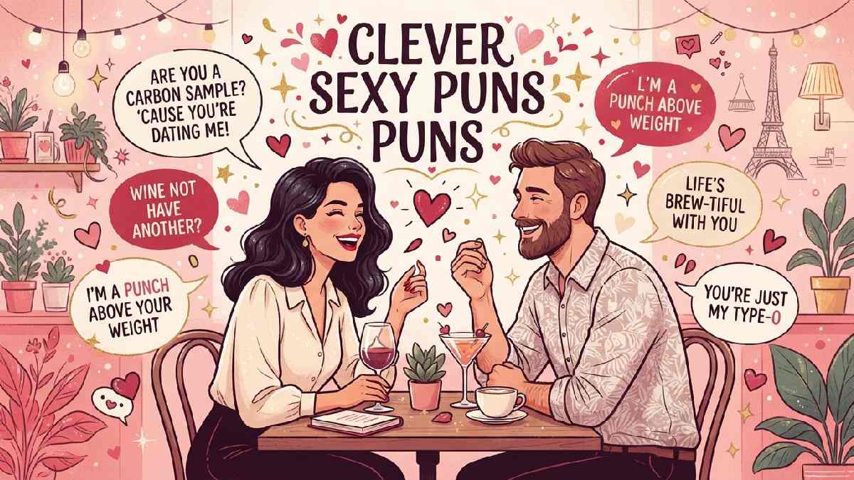 Two adults sharing clever flirty smiles with witty speech bubbles, hearts, and sparkles, representing clever sexy puns and playful wordplay.
