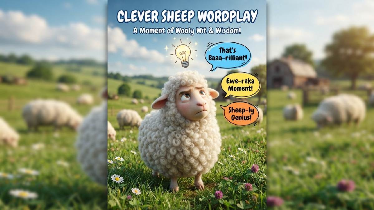 Thoughtful cartoon sheep with lightbulb idea and speech bubbles showing clever and witty sheep wordplay puns on green grass.