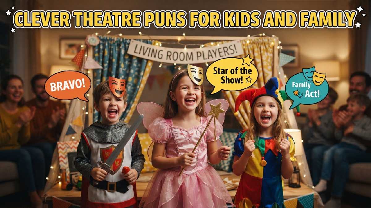 Happy cartoon children in theatre masks performing on homemade stage with speech bubbles showing clever theatre puns for families.