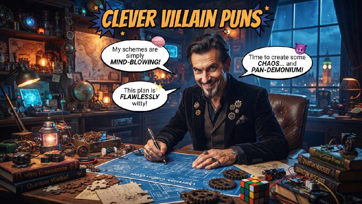 Clever villain studying blueprints and gadgets with playful speech bubbles, representing witty villain puns filled with smart schemes and wordplay.