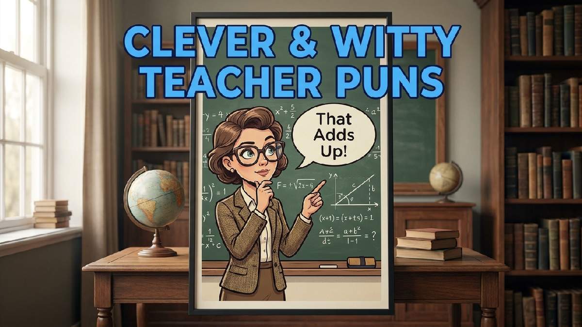 Cartoon teacher in glasses pointing at chalkboard equation with speech bubble showing clever and witty teacher pun jokes.