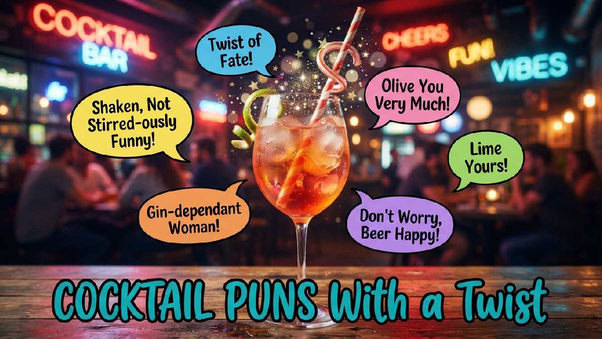Colorful cocktail glass with lime twist garnish and sparkle effects showing witty cocktail puns with a fun twist.
