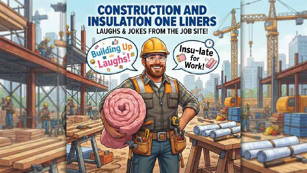Cartoon construction worker holding insulation roll near blueprints showing funny construction and insulation themed one liner jokes.