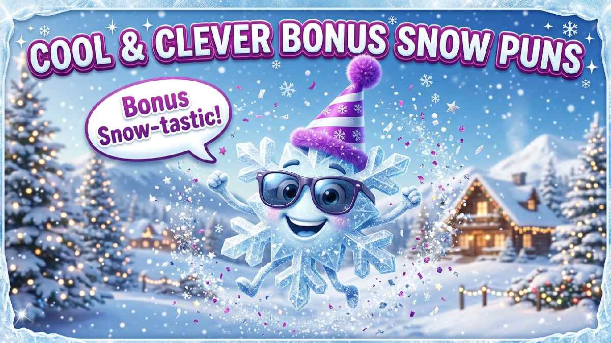 Cartoon snowflake in sunglasses and party hat with snow confetti showing cool clever bonus snow puns as festive extra.