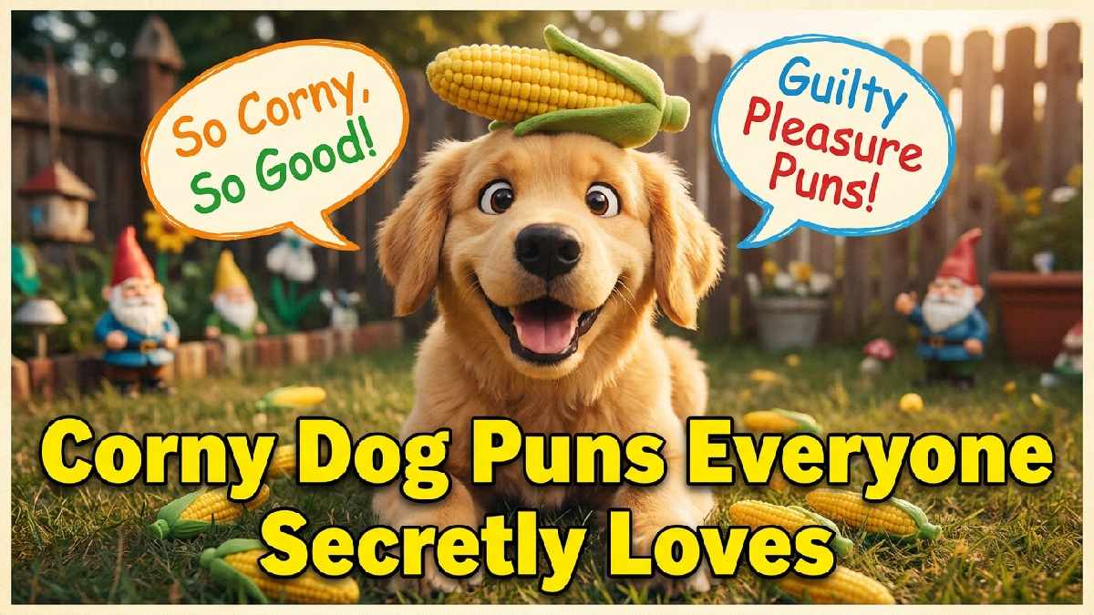 Goofy cartoon dog wearing corn shaped hat surrounded by speech bubbles showing corny dog puns everyone secretly loves and enjoys.