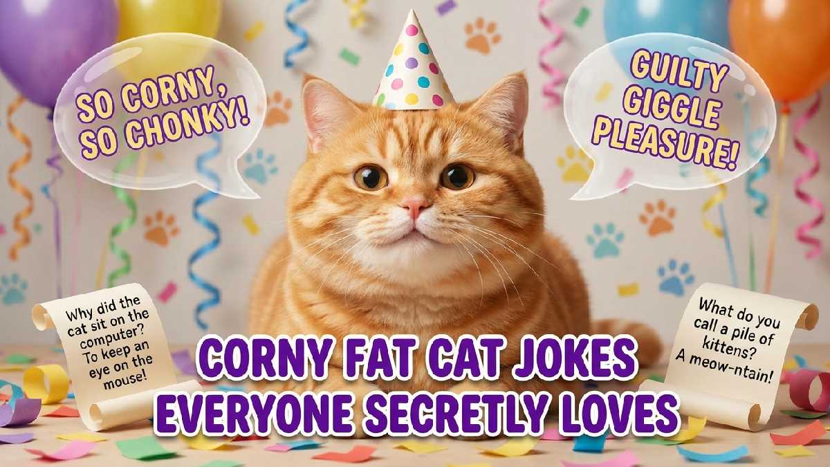Chubby cartoon cat wearing party hat with confetti showing corny fat cat jokes everyone secretly loves and finds hilarious.
