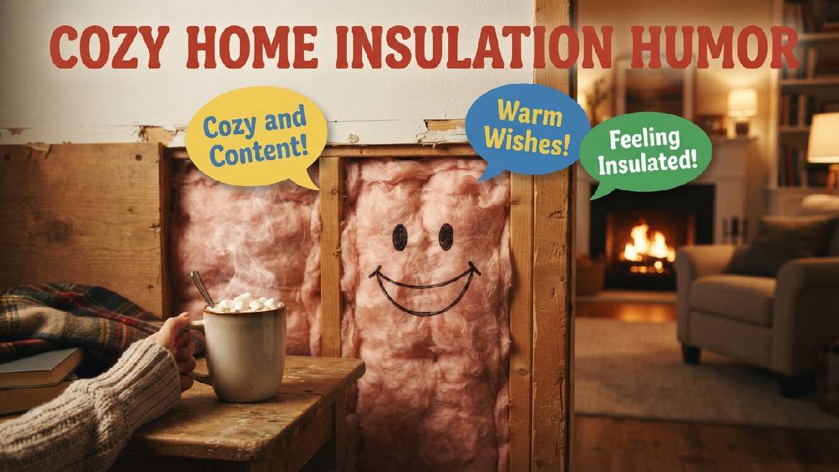 Cozy living room with smiley insulation panel and cocoa mug showing warm and funny cozy home insulation humor.