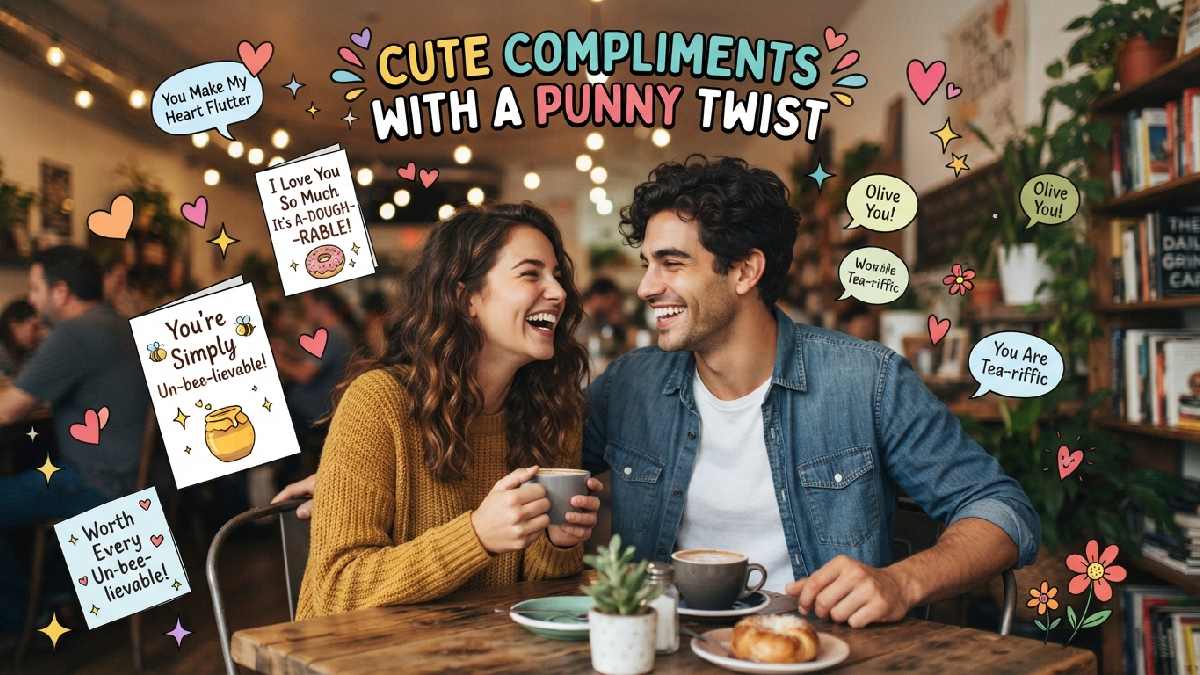 Smiling couple surrounded by hearts, compliment cards, and playful speech bubbles, showing cute compliments with clever punny twists for crushes.