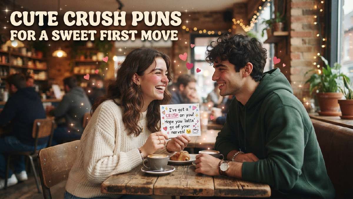 Cute couple sharing a shy smile with hearts and a romantic note, representing sweet crush puns for making a first move.