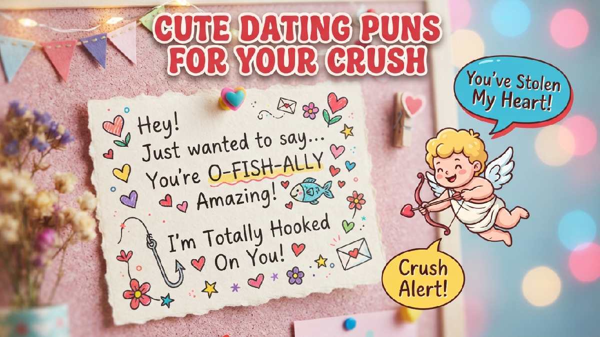 Handwritten love note with cartoon cupid and floating hearts showing cute dating puns perfect for texting your crush.