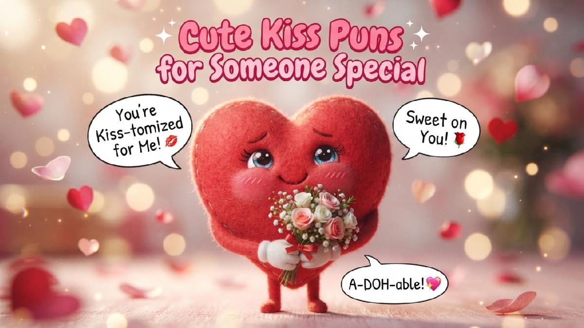 Shy cartoon heart character holding flowers with rosy cheeks and speech bubbles showing cute kiss puns for someone special.