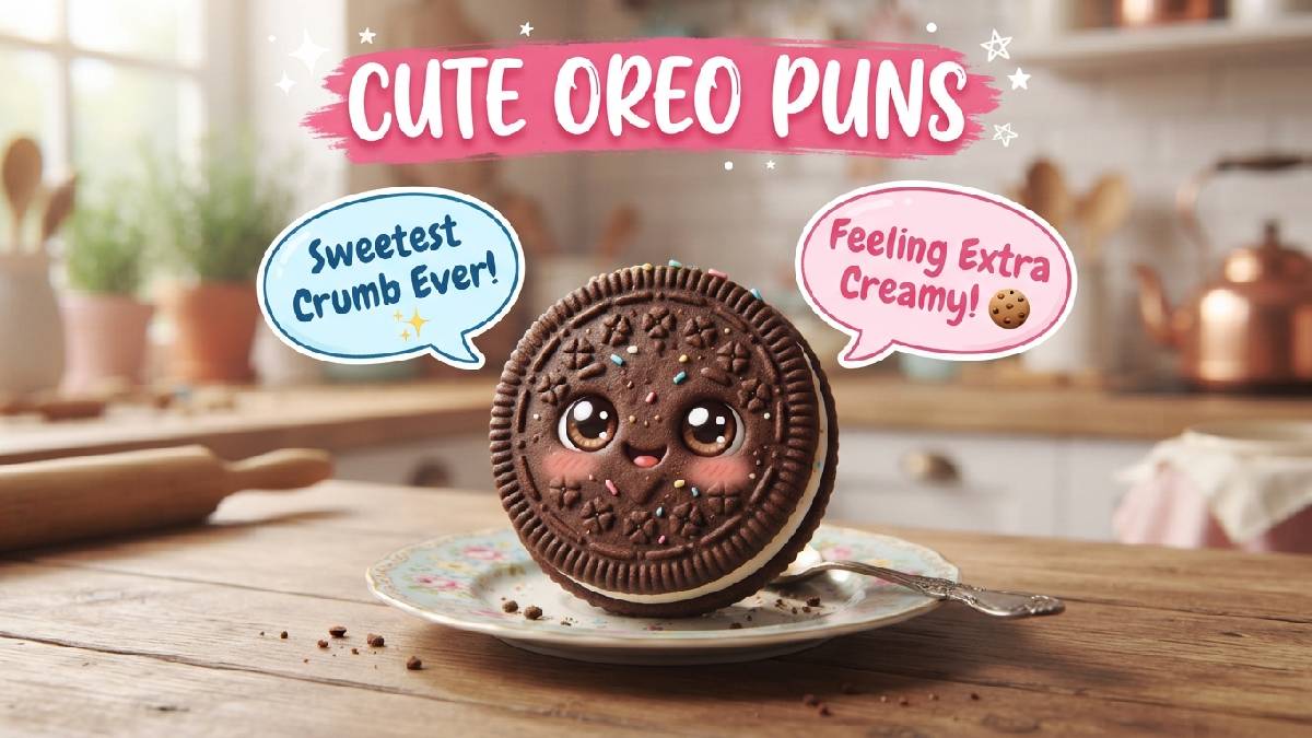 Adorable cartoon chocolate sandwich cookie with sparkly eyes on plate showing speech bubbles with cute and sweet cookie puns.
