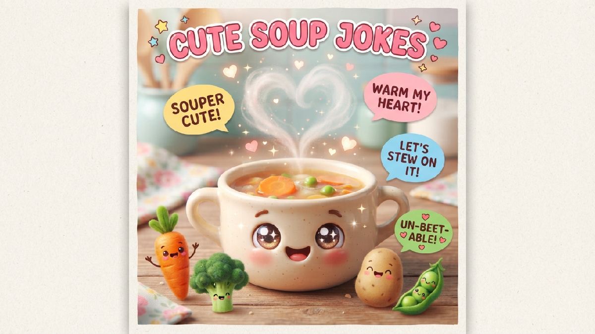 Adorable cartoon soup bowl with sparkly eyes and heart shaped steam surrounded by speech bubbles showing cute and sweet soup jokes.