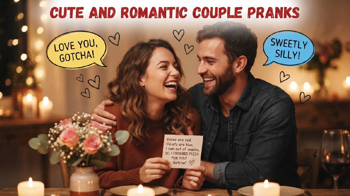 Couple sharing sweet laugh after romantic prank with fake love note and flowers showing cute and romantic couple pranks.