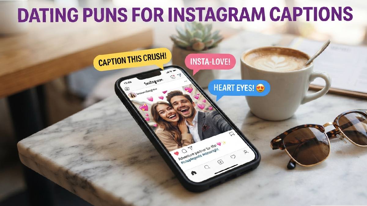 Smartphone showing cute couple selfie with heart emojis and caption box illustrating fun dating puns for Instagram captions.