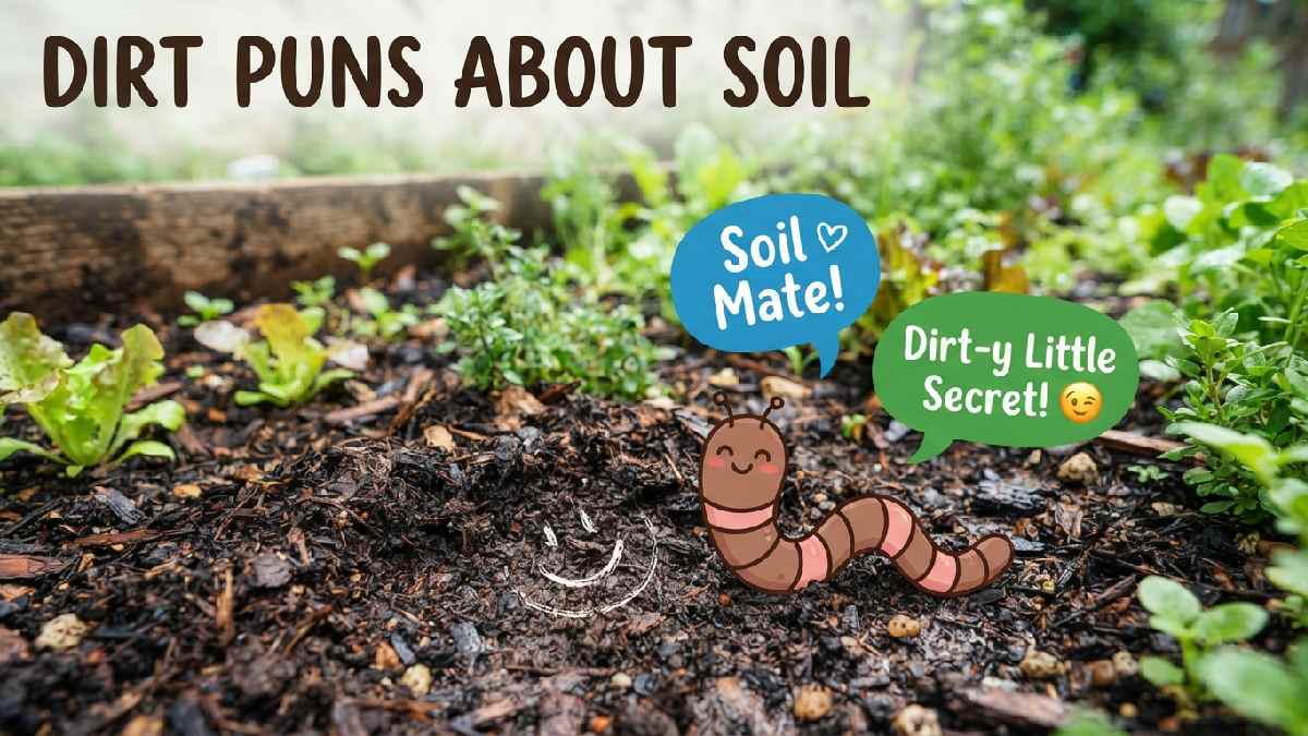 Layered brown soil with cartoon worm and smiley face surrounded by speech bubbles showing clever puns about soil and dirt.