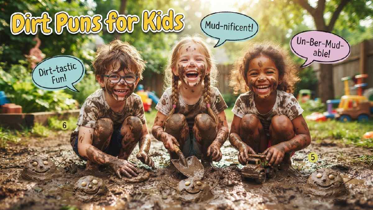 Happy cartoon children playing in mud with smiling mud pies and speech bubbles showing fun simple dirt puns for kids.