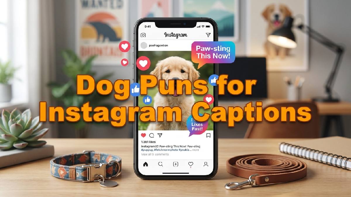 Smartphone showing cute puppy photo with floating like icons illustrating dog puns perfect for Instagram captions and social posts.