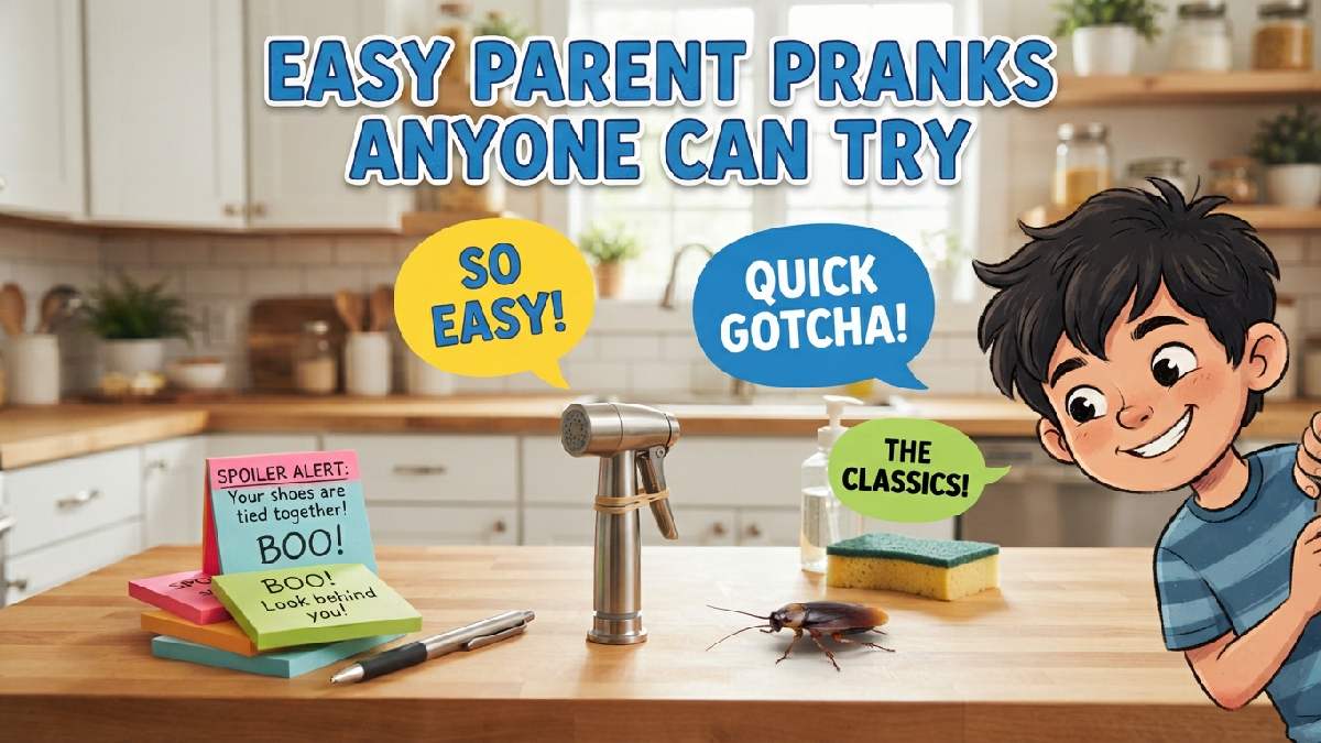 Mischievous cartoon kid with simple prank props like sticky notes and fake bug showing easy parent pranks anyone can try.