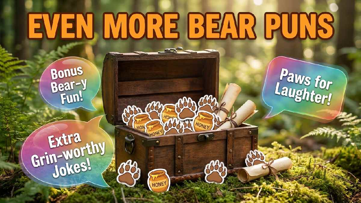 Overflowing treasure chest with paw prints and honey pots showing even more bonus bear puns for extra laughs today.