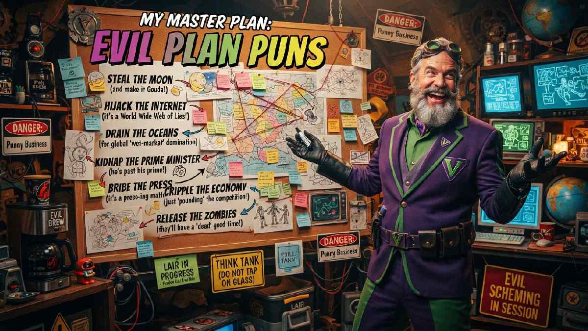 Mischievous villain presenting an elaborate plan board with maps and diagrams, representing funny evil plan puns and clever schemes.