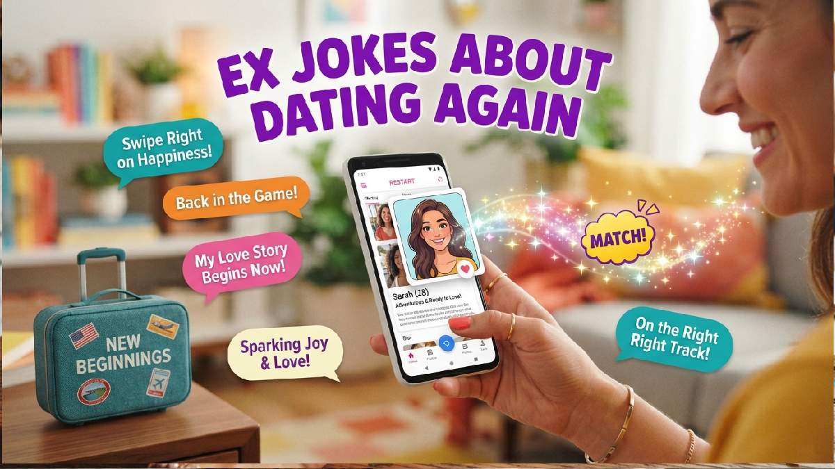 Dating app profile card swiped on smartphone with sparkle effect showing funny ex jokes about dating again and new beginnings.