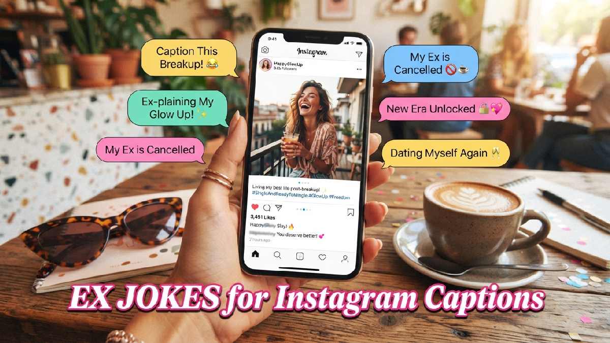Smartphone showing Instagram post with floating icons and trendy flat lay illustrating funny ex jokes for Instagram captions.