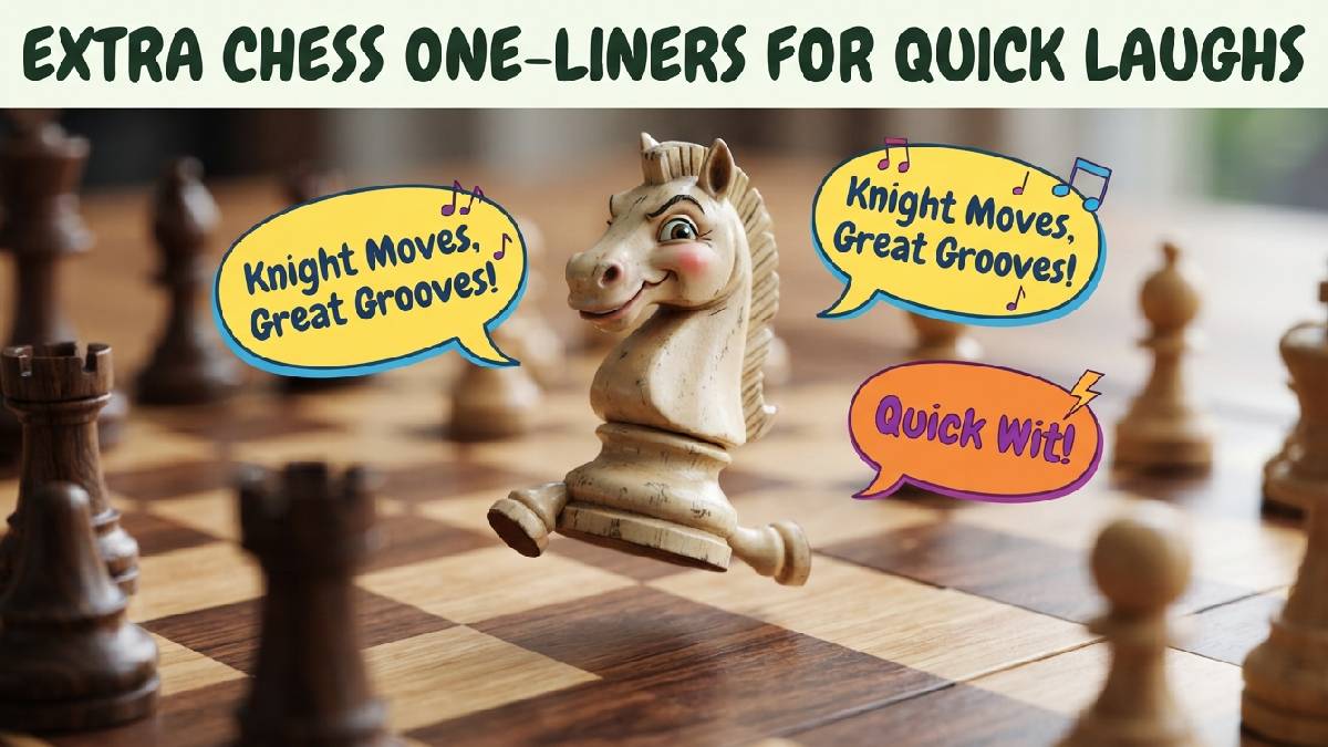 Winking cartoon knight chess piece mid-move with speech bubbles showing extra quick chess one-liners for fast laughs.