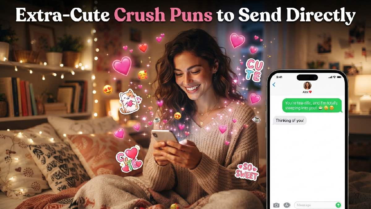 Smiling person texting a crush surrounded by hearts, chat bubbles, and cute stickers, representing adorable punny messages ready to send.