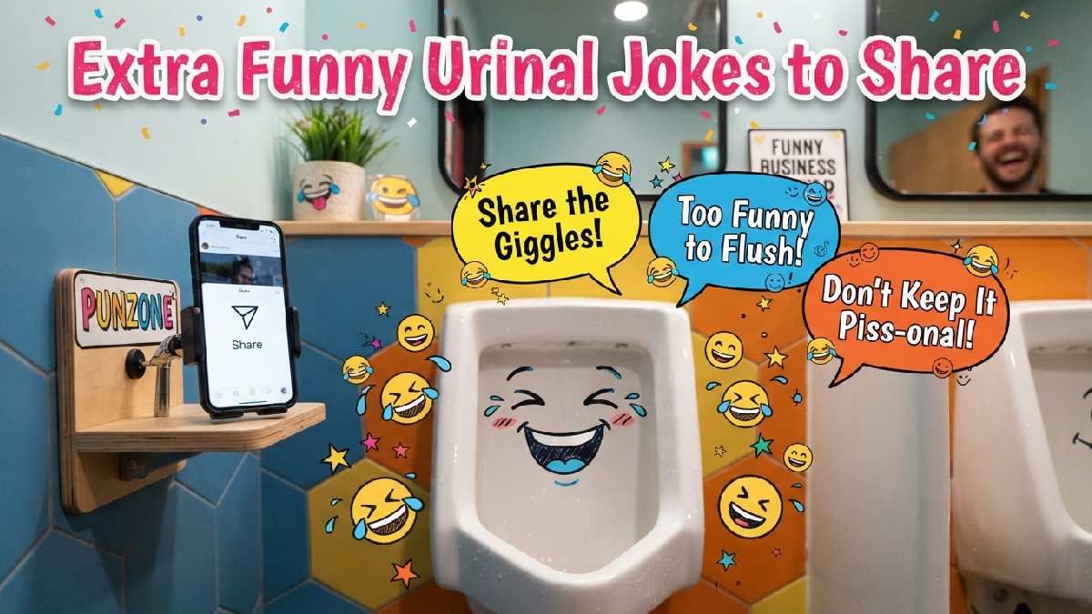 Laughing cartoon urinal with share icon on smartphone showing extra funny urinal jokes perfect for sharing with friends.