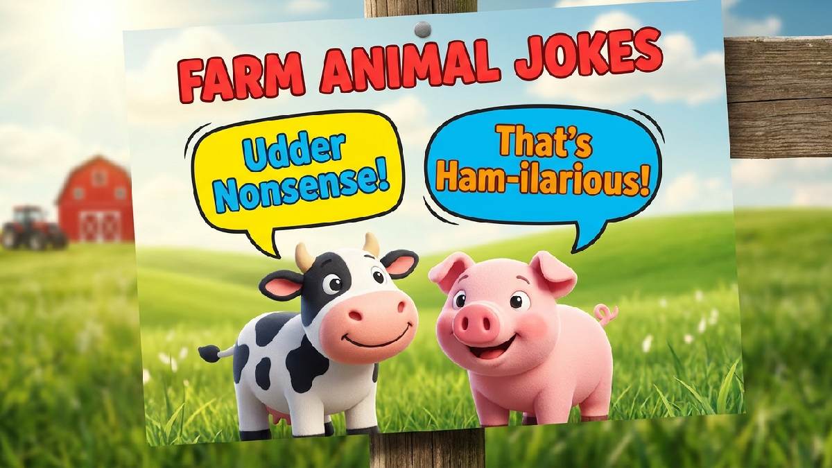 Smiling cartoon cow and pig in green pasture near red barn showing fun and playful farm animal jokes collection.