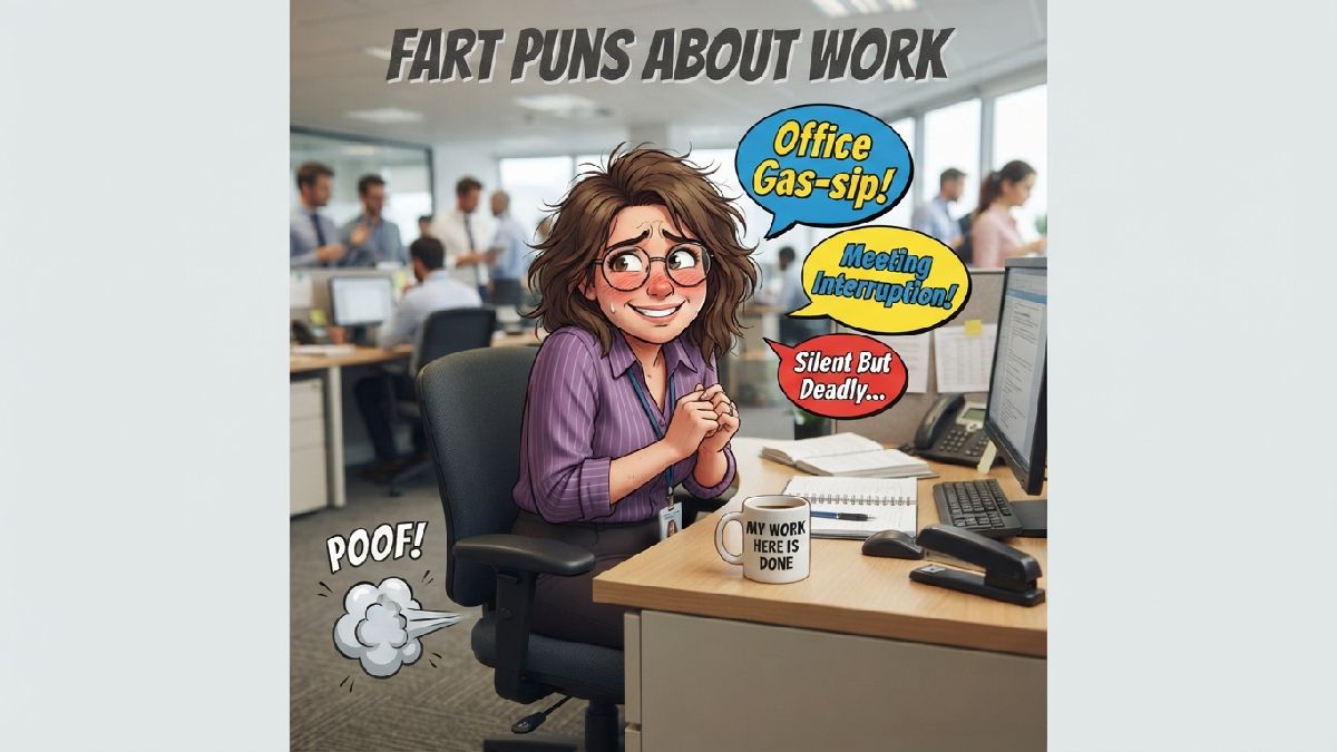 Awkward cartoon office worker at desk with comic puff cloud and speech bubbles showing funny fart puns about work life.