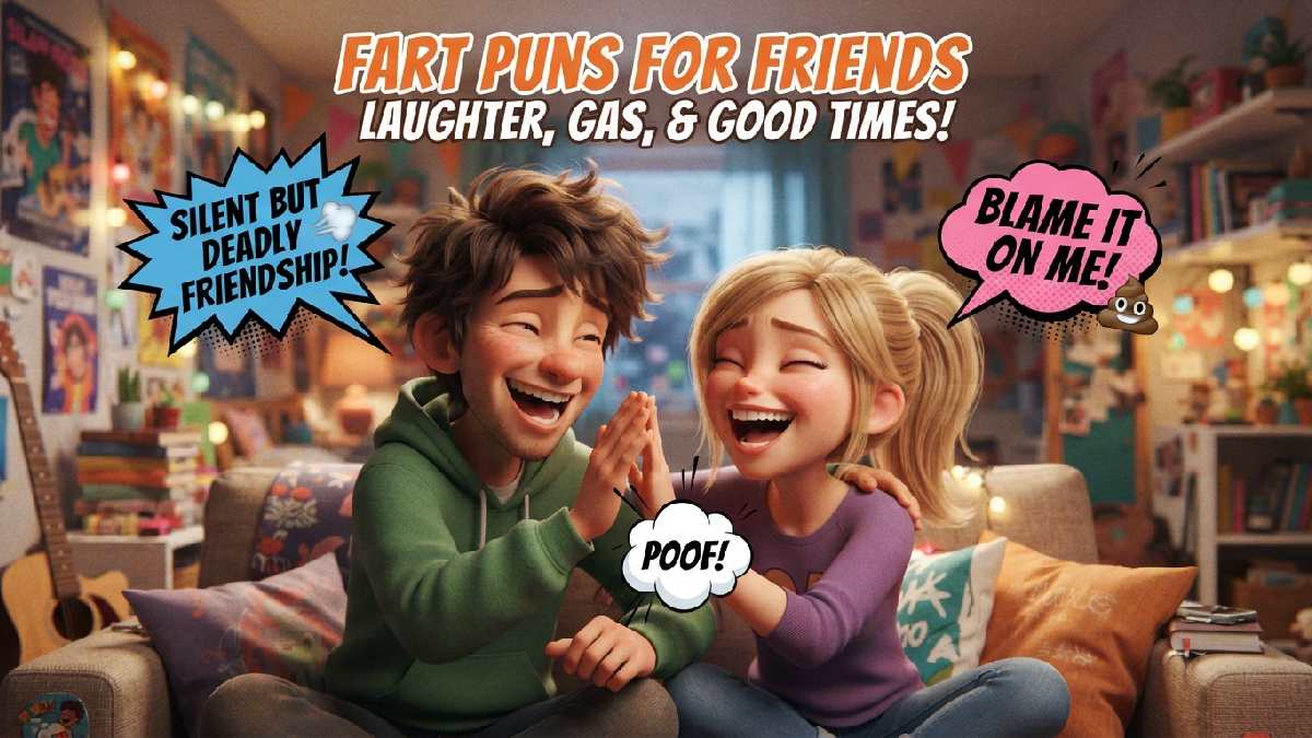 Two laughing cartoon friends with comic puff cloud and high five showing speech bubbles with fart puns to share among friends.