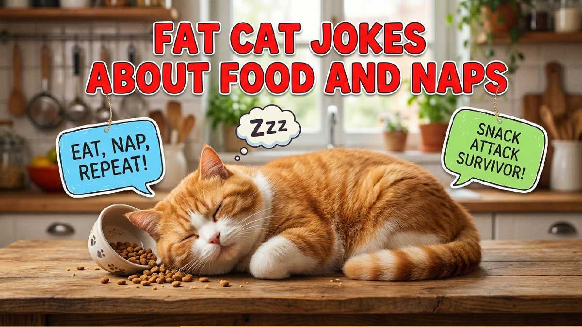 Round cartoon cat napping beside food bowl and crumbs showing funny fat cat jokes about food and napping habits.