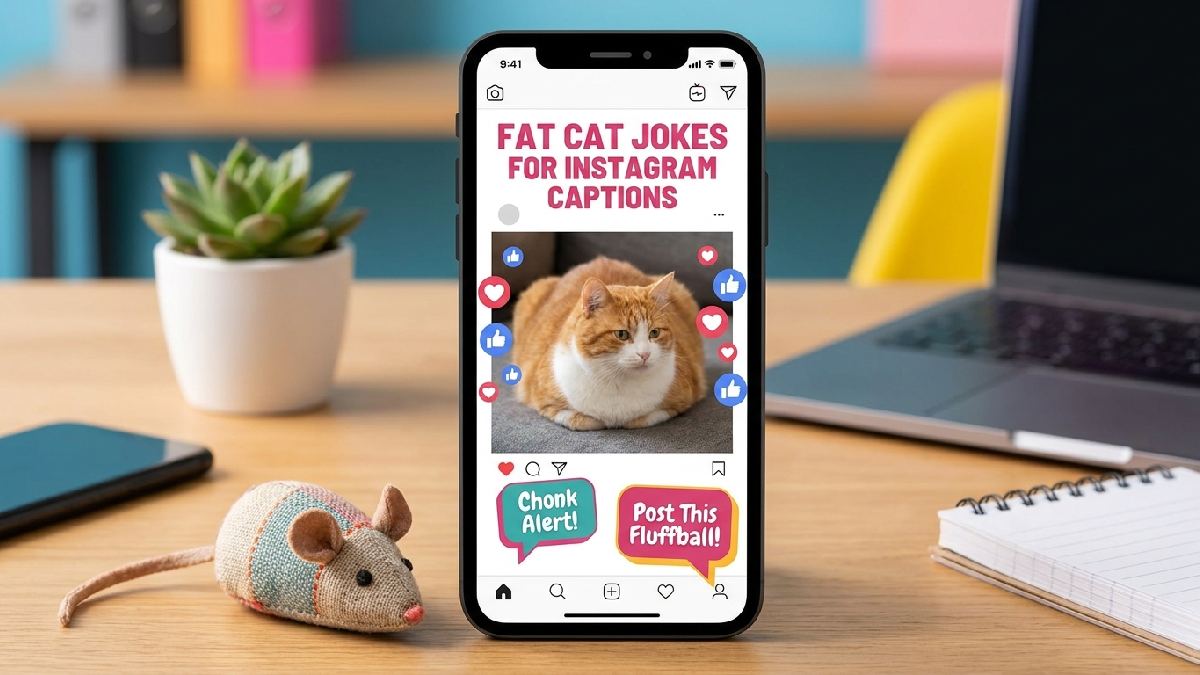 Smartphone showing chubby cat photo with floating like icons illustrating fat cat jokes perfect for Instagram captions and posts.