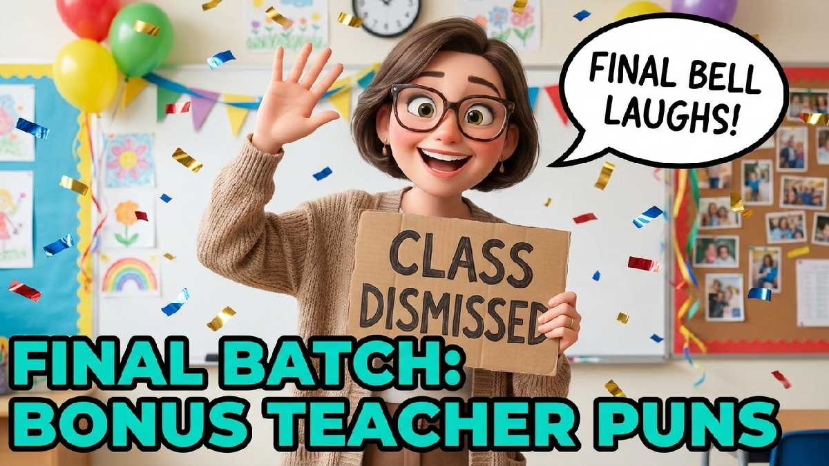 Cartoon teacher waving with class dismissed sign and confetti showing final batch of bonus teacher puns to enjoy.