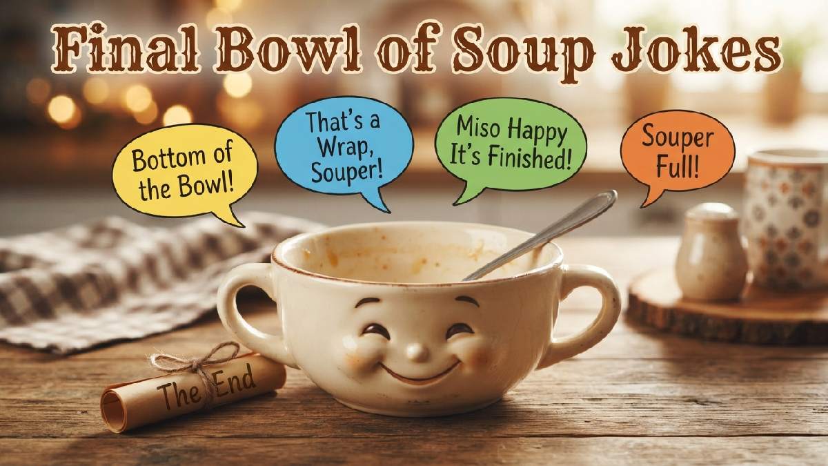 Empty cartoon soup bowl with satisfied smiley face and spoon showing speech bubbles for the final bowl of soup jokes.