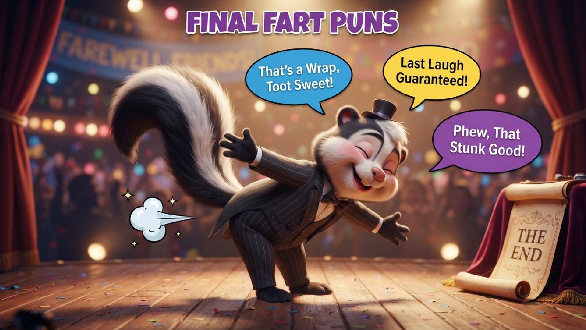 Cartoon character taking a bow with trailing puff cloud and scroll showing speech bubbles for the final set of fart puns.