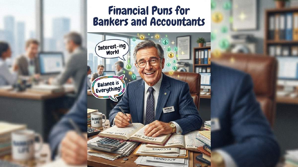 Cartoon banker at desk with ledgers and calculator surrounded by speech bubbles showing financial puns made for bankers and accountants.
