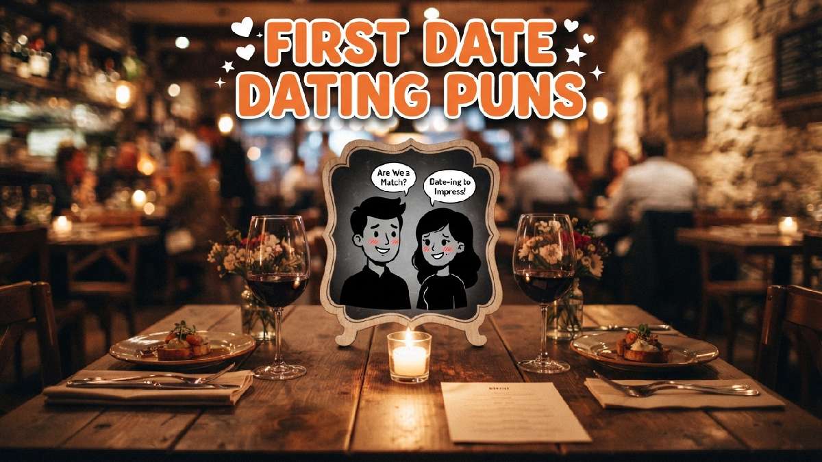 Candlelit restaurant table with nervous smiling couple silhouette showing playful puns perfect for breaking the ice on first dates.