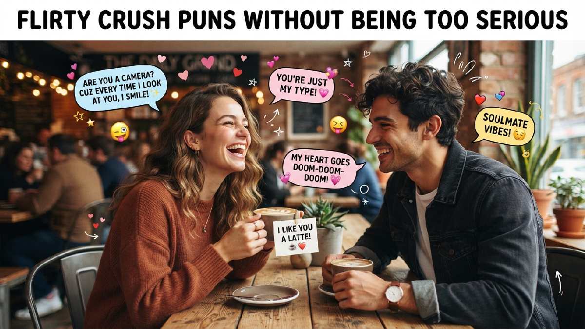 Playful couple flirting over coffee with hearts and cheeky speech bubbles, representing lighthearted crush puns without serious romantic pressure.