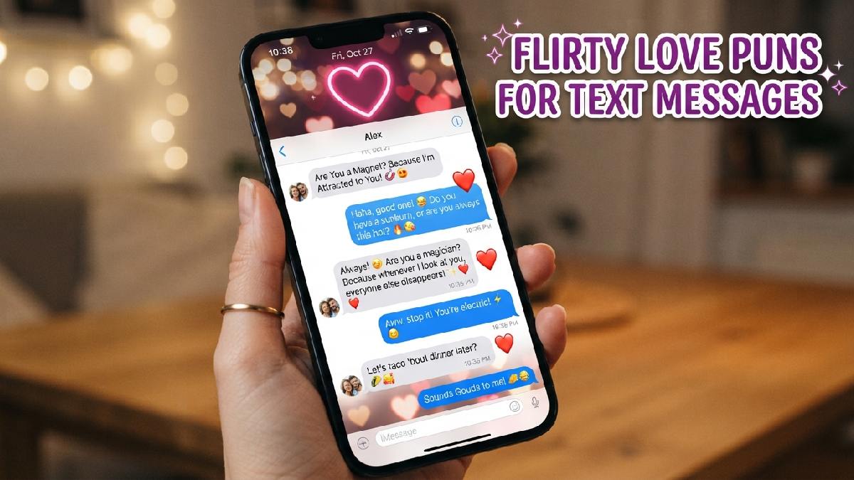 Smartphone screen with flirty text conversation and heart emojis surrounded by speech bubbles showing flirty love puns for text messages.