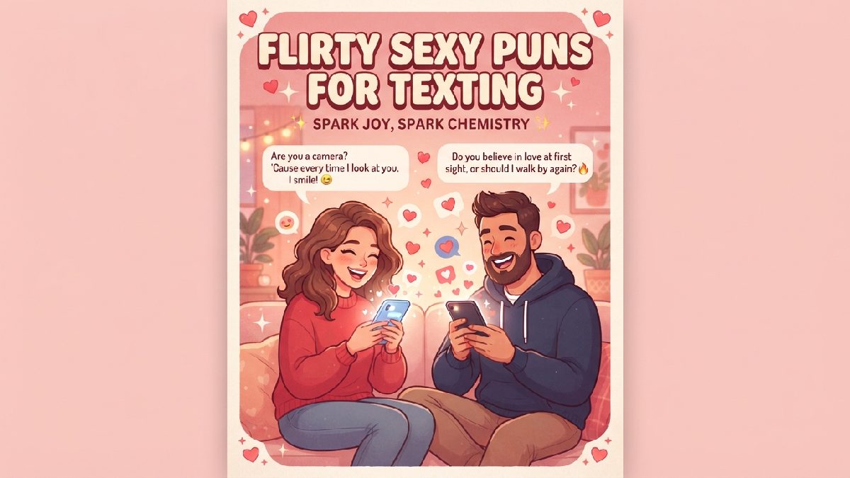 Two adults texting with playful smiles, glowing phones, hearts, and speech bubbles, representing flirty sexy puns for fun conversations.