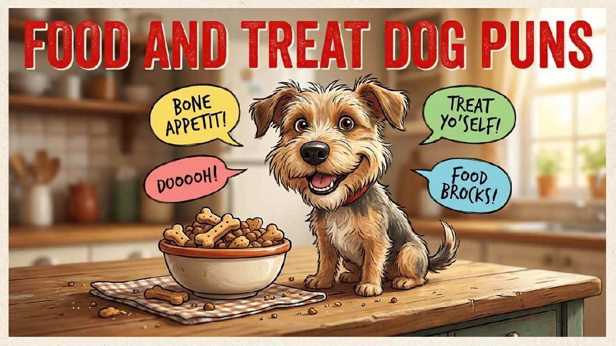 Happy cartoon dog beside bowl of bone shaped treats showing fun food and treat themed dog puns for pet lovers.